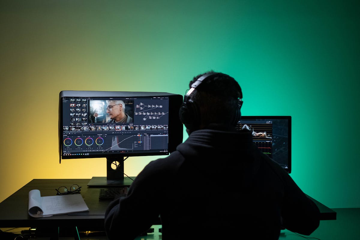 a man sitting on front of the computer while editing video a man sitting on front of the computer while editing video