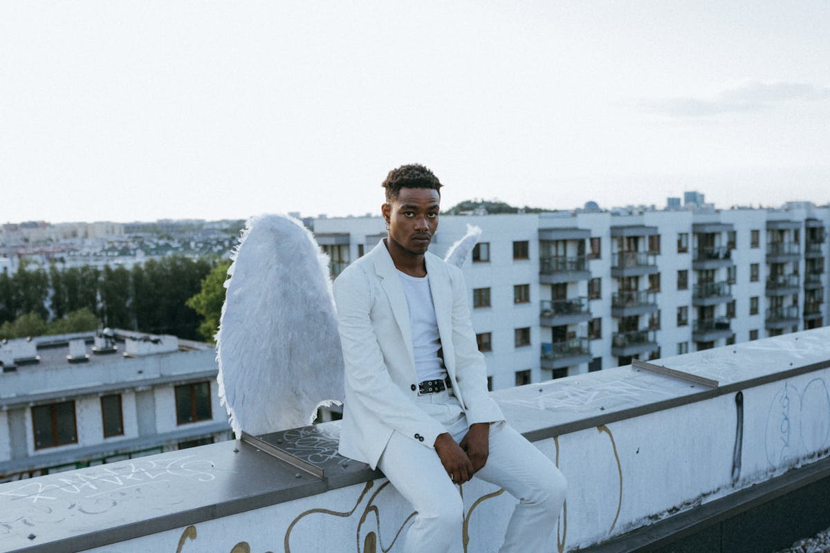 a man wearing an angel costume