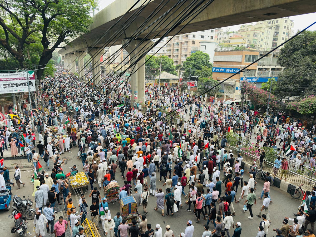crowd gathering in urban street protest