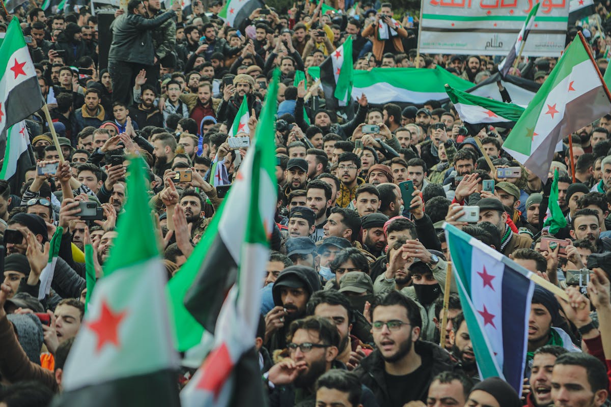crowd with palestinian flags