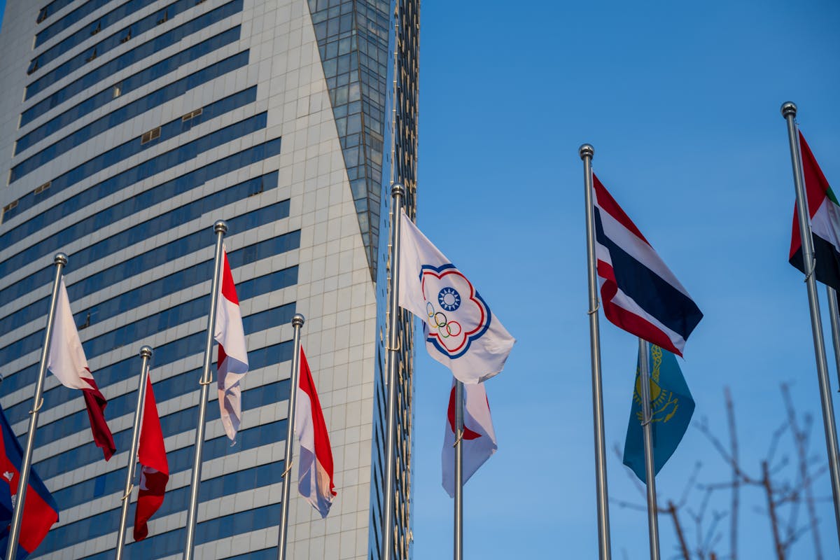 international flags and modern architecture