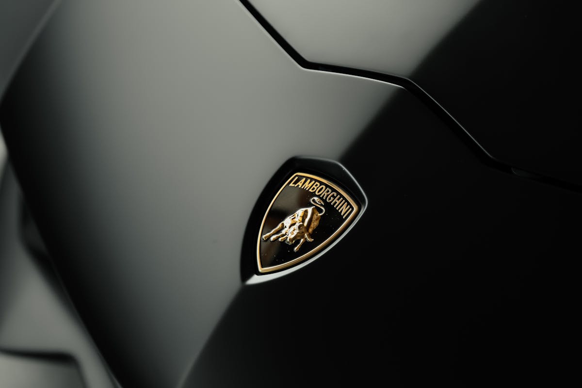 lamborghini logo badge on hood of black glossy sports car