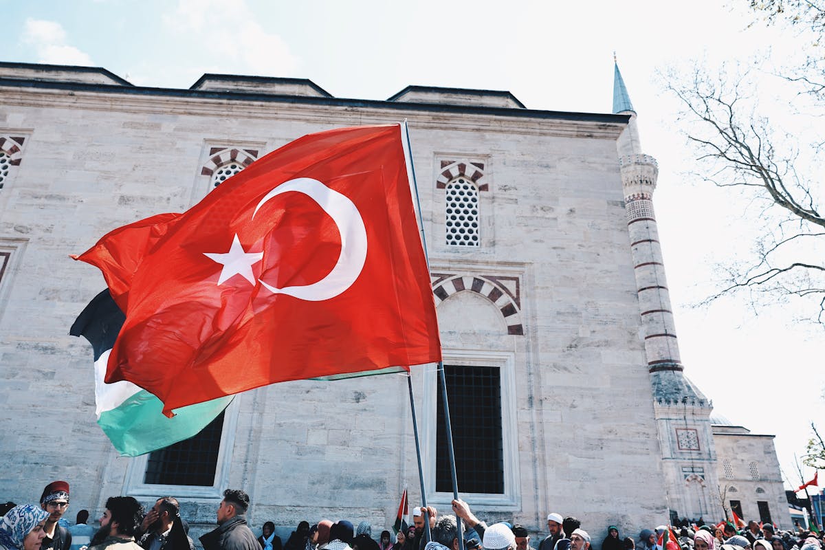 protest rally with turkish flag in istanbul