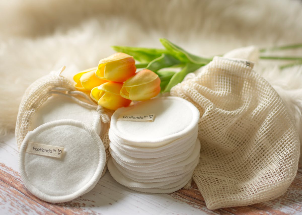 reusable cotton pads in a fabric pouch