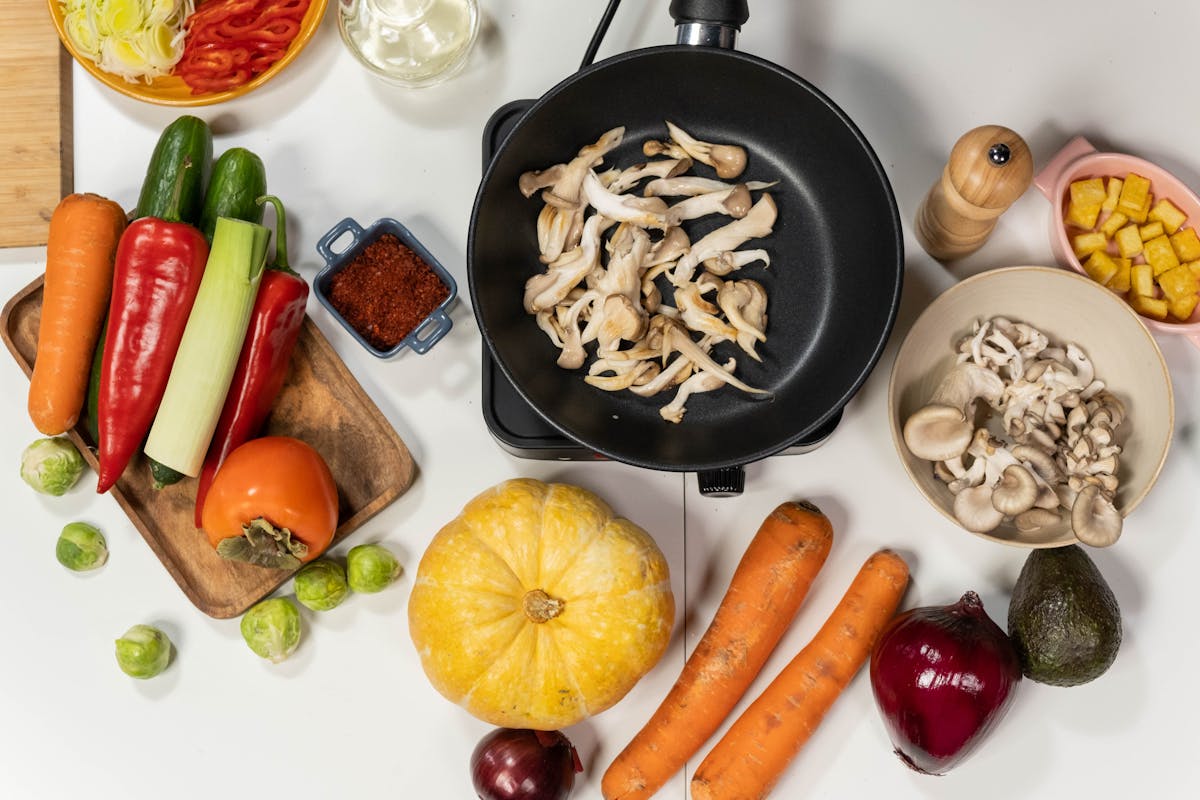 top view of fresh vegetables on white surface